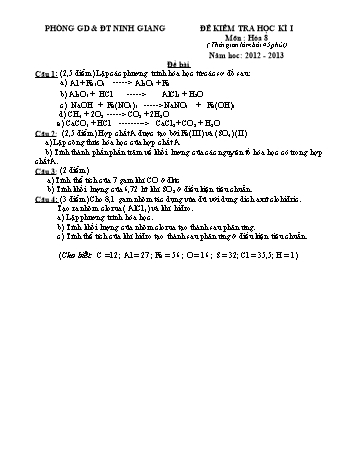Đề kiểm tra học kì 1 môn Hóa học Lớp 8 - Năm học 2012-2013 - Phòng GD&ĐT Ninh Giang