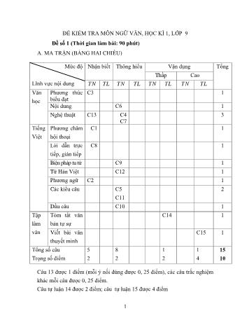 Đề kiểm tra học kì 1 môn Ngữ văn Lớp 9 - Đề số 1