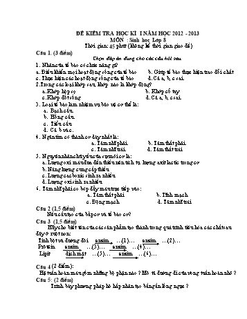 Đề kiểm tra học kì 1 môn Sinh học Lớp 8 - Năm học 2012-2013