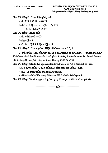 Đề kiểm tra học kì 1 môn Toán Lớp 6 - Năm học 2012-2013
