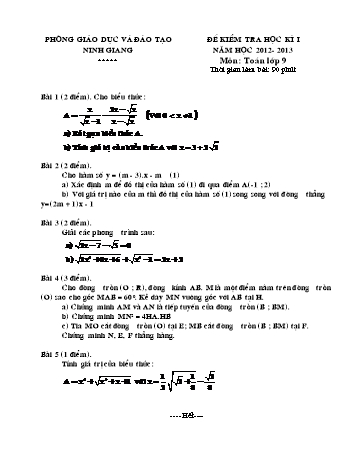 Đề kiểm tra học kì 1 môn Toán Lớp 9 - Năm học 2012-2013 - Phòng GD&ĐT Ninh Giang