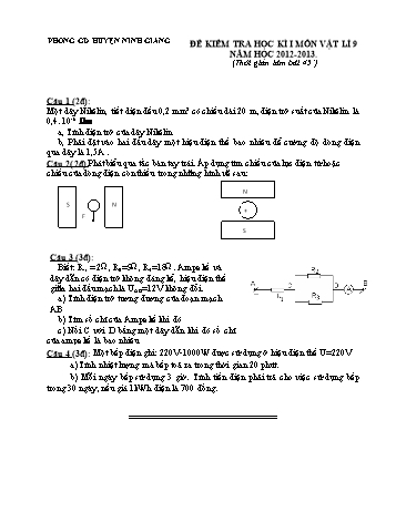 Đề kiểm tra học kì 1 môn Vật lí Lớp 9 - Năm học 2012-2013 - Phòng GD&ĐT Ninh Giang (Kèm hướng dẫn chấm)