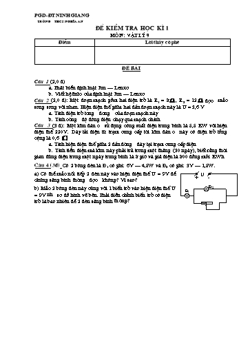 Đề kiểm tra học kì 1 môn Vật lý Lớp 9 - Trường THCS Nghĩa An (Có đáp án và biểu điểm)