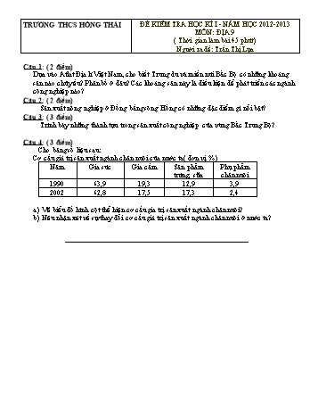 Đề kiểm tra học kì I môn Địa lí Lớp 9 - Năm học 2012-2013 - Trường THCS Hồng Thái