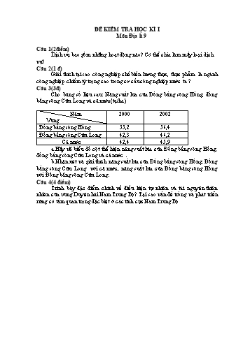 Đề kiểm tra học kì I môn Địa lí Lớp 9