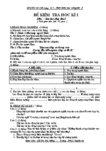 Đề kiểm tra học kì I môn Giáo dục công dân Lớp 8 - Trường THCS Nghĩa An (Có đáp án)