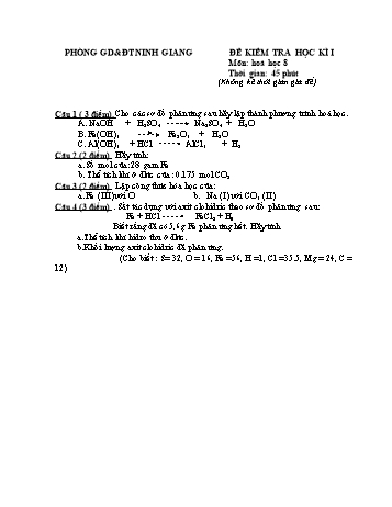 Đề kiểm tra học kì I môn Hoá học 8 - Phòng GD&ĐT Ninh Giang