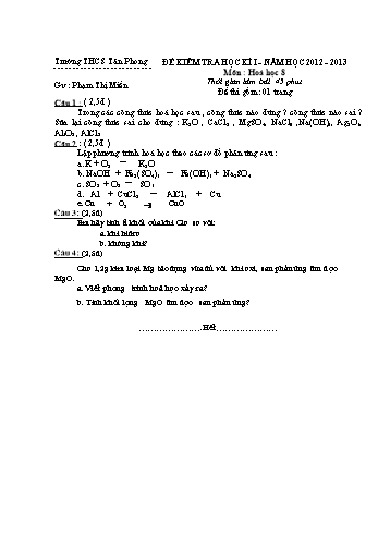 Đề kiểm tra học kì I môn Hoá học Lớp 8 - Năm học 2012-2013 - Trường THCS Tân Phong