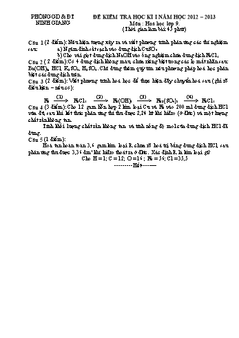 Đề kiểm tra học kì I môn Hoá học Lớp 9 - Năm học 2012-2013 - Phòng GD&ĐT Ninh Giang