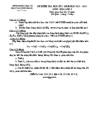 Đề kiểm tra học kì I môn Hoá học Lớp 9 - Năm học 2015-2016 - Phòng GD&ĐT Ninh Giang (Kèm hướng dẫn chấm)
