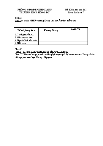 Đề kiểm tra học kì I môn Lịch sử Lớp 7 - Trường THCS Hồng Dụ