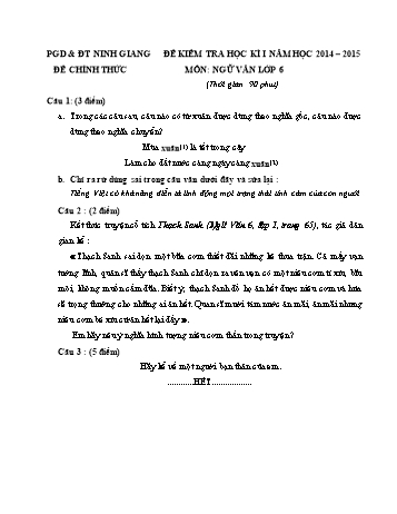 Đề kiểm tra học kì I môn Ngữ văn Lớp 6 - Năm học 2014-2015 - Phòng GD&ĐT Ninh Giang