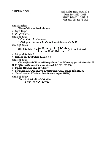 Đề kiểm tra học kì I môn Toán Khối 8 - Năm học 2012-2013