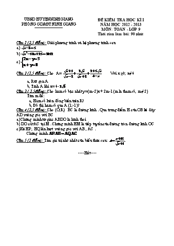 Đề kiểm tra học kì I môn Toán Khối 9 - Năm học 2012-2013 - Phòng GD&ĐT Ninh Giang