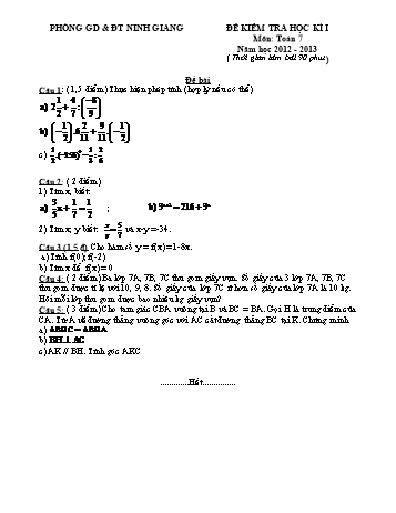 Đề kiểm tra học kì I môn Toán Khối  lớp 7 - Năm học 2012-2013 - Phòng GD&ĐT Ninh Giang