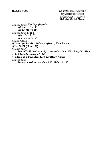 Đề kiểm tra học kì I môn Toán Lớp 6 - Năm học 2012-2013 - Trường THCS Tân Phong