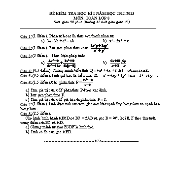 Đề kiểm tra học kì I môn Toán Lớp 8 - Năm học 2012-2013