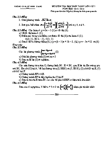 Đề kiểm tra học kì I môn Toán Lớp 9 - Năm học 2012-2013 - Phòng GD&ĐT Ninh Giang