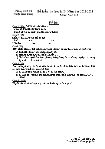 Đề kiểm tra học kì I môn Vật lí Lớp 6 - Năm học 2012-2013 - Phí Thị Gấm (Có đáp án và biểu điểm)