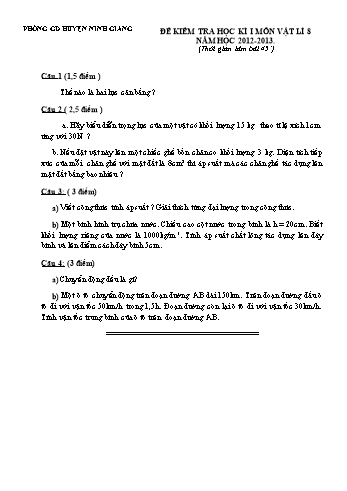 Đề kiểm tra học kì I môn Vật lí Lớp 8 - Năm học 2012-2013 - Phòng GD&ĐT Ninh Giang (Có đáp án và biểu điểm)