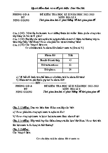 Đề kiểm tra học kì II môn Địa lí Lớp 8 - Năm học 2012-2013 - Đào Văn Hải