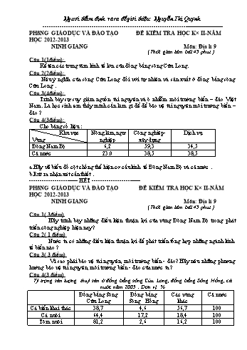 Đề kiểm tra học kì II môn Địa lí Lớp 9 - Năm học 2012-2013 - Nguyễn Thị Quỳnh