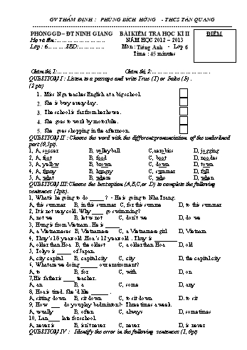 Đề kiểm tra học kì II môn Tiếng Anh Lớp 6 - Năm học 2012-2013 - Trường THCS Tân Quang