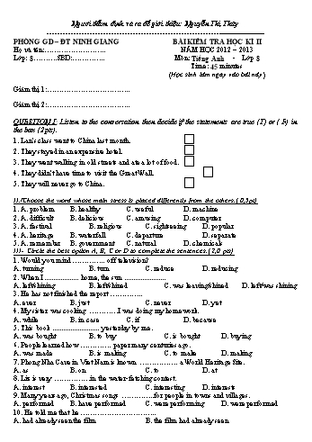 Đề kiểm tra học kì II môn Tiếng Anh Lớp 8 - Năm học 2012-2013 - Nguyễn Thị Thủy (Có đáp án)