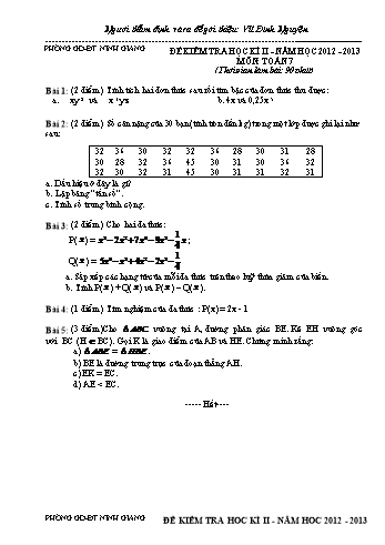 Đề kiểm tra học kì II môn Toán Lớp 7 - Năm học 2012-2013 - Vũ Đình Nguyện