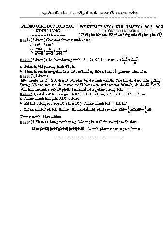 Đề kiểm tra học kì II môn Toán Lớp 8 - Năm học 2012-2013 - Nguyễn Thanh Bằng