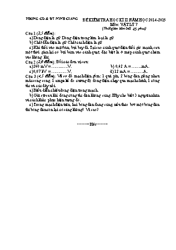 Đề kiểm tra học kì II môn Vật lý Lớp 7 - Năm học 2014-2015 - Trường THCS An Đức (Kèm hướng dẫn chấm)