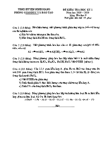 Đề kiểm tra học kỳ 1 môn Hóa học Lớp 9 - Năm học 2019-2020 - Phòng GD&ĐT Ninh Giang (Kèm hướng dẫn chấm)