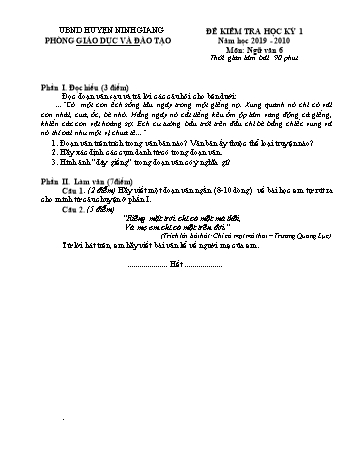 Đề kiểm tra học kỳ 1 môn Ngữ văn Lớp 6 - Năm học 2019-2020 - Phòng GD&ĐT Ninh Giang (Kèm hướng dẫn chấm)