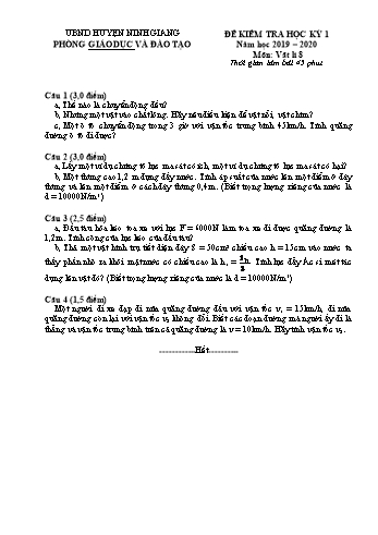 Đề kiểm tra học kỳ 1 môn Vật lí Lớp 8 - Năm học 2019-2020 - Phòng GD&ĐT Ninh Giang (Kèm hướng dẫn chấm)