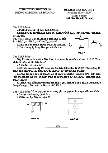 Đề kiểm tra học kỳ 1 môn Vật lí Lớp 9 - Năm học 2019-2020 - Phòng GD&ĐT Ninh Giang (Kèm hướng dẫn chấm)