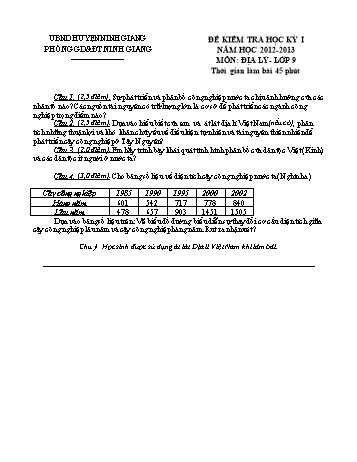 Đề kiểm tra học kỳ I môn Địa lý Lớp 9 - Năm học 2012-2013 - Phòng GD&ĐT Ninh Giang
