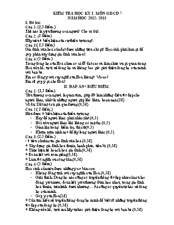 Đề kiểm tra học kỳ I môn Giáo dục công dân Lớp 7 - Năm học 2012-2013 (Có đáp án và biểu điểm)