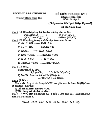 Đề kiểm tra học kỳ I môn Hoá học Lớp 8 - Năm học 2012-2013 - Trường THCS Hưng Thái