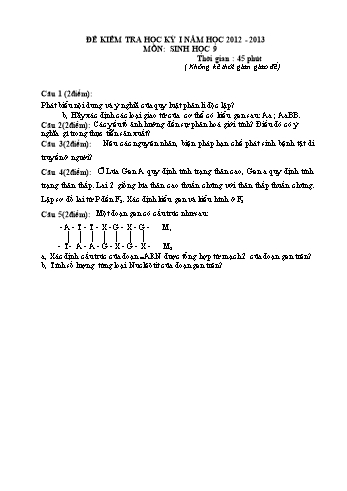 Đề kiểm tra học kỳ I môn Sinh học Lớp 9 - Năm học 2012-2013