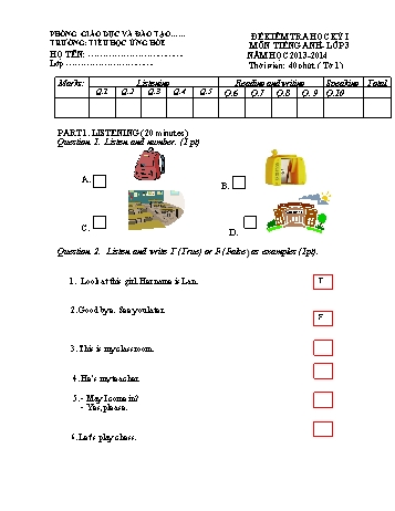 Đề kiểm tra học kỳ I môn Tiếng Anh Lớp 3 - Năm học 2013-2014 - Trường Tiểu học Ứng Hòe