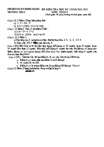 Đề kiểm tra học kỳ I môn Toán Lớp 6 - Năm 2011-2012 - Phòng GD&ĐT Ninh Giang