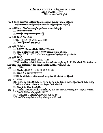 Đề kiểm tra học kỳ I môn Toán Lớp 6 - Năm học 2012-2013