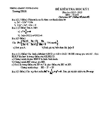 Đề kiểm tra học kỳ I môn Toán Lớp 8 - Năm học 2012-2013 - Phòng GD&ĐT Ninh Giang