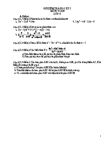 Đề kiểm tra học kỳ I môn Toán Lớp 8