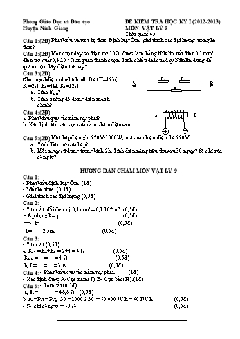 Đề kiểm tra học kỳ I môn Vật lí Lớp 9 - Phòng GD&ĐT Ninh Giang (Kèm hướng dẫn chấm)