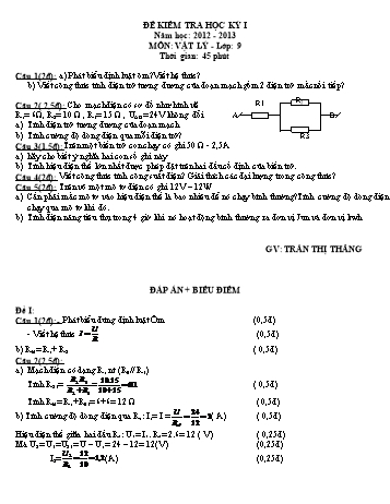 Đề kiểm tra học kỳ I môn Vật lý Lớp 9 - Năm học 2012-2013 - Trần Thị Thắng (Có đáp án và biểu điểm)