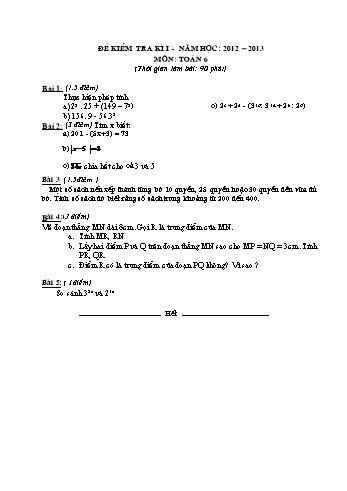 Đề kiểm tra kì I môn Toán Lớp 6 - Năm học 2012-2013 - Trường THCS Hưng Long