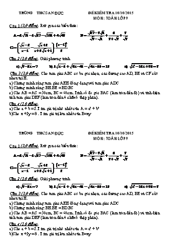 Đề kiểm tra môn Toán Lớp 9 - Trường THCS An Đức