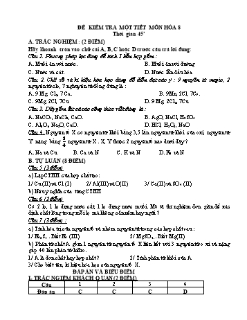 Đề kiểm tra một tiết môn Hóa học Lớp 8 (Có đáp án và biểu điểm)