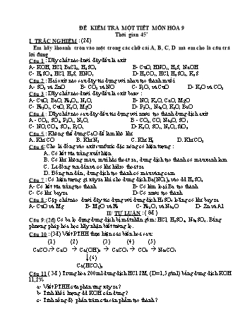 Đề kiểm tra một tiết môn Hóa học Lớp 9 (Có đáp án và biểu điểm)
